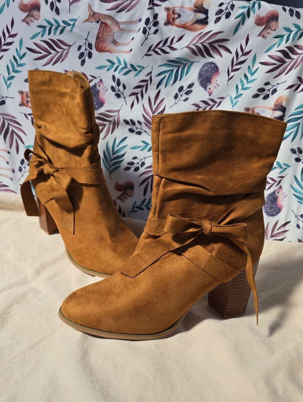 Womens Allegra K Size 9 Cognac Suede Mid-Calf Heeled Boots with Bow Detail